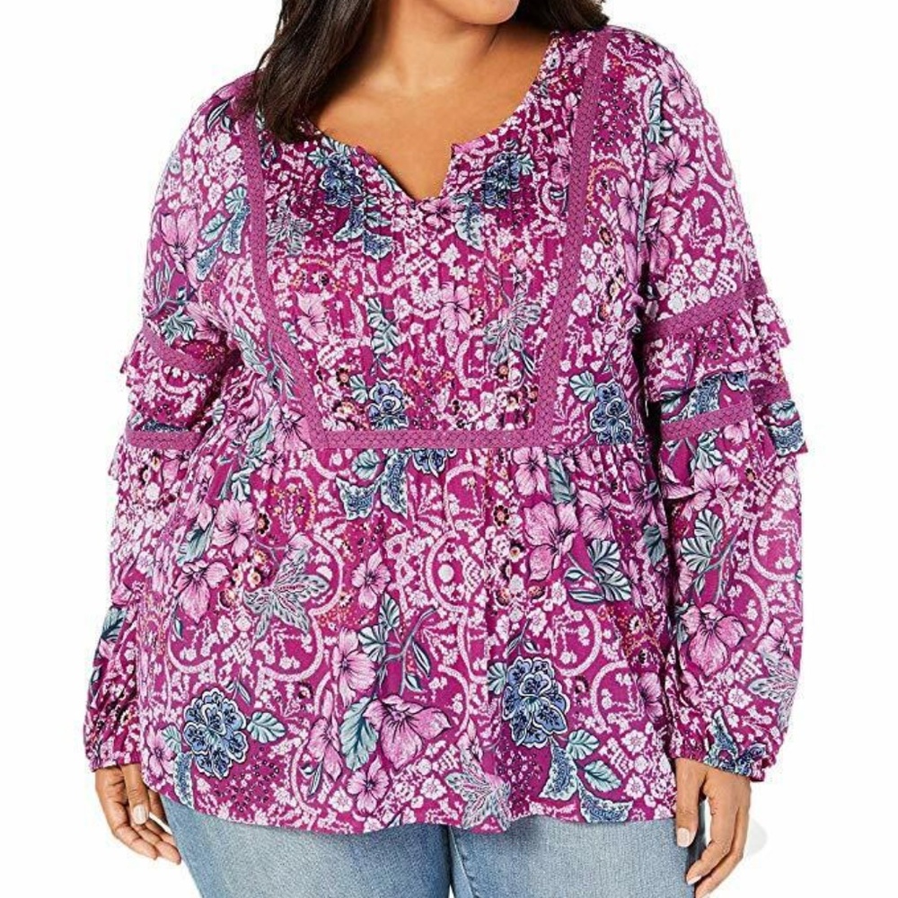 NWT Style&Co Women's Purple Floral-Print Tiered-Sleeve Peasant Top Plus Size 1X